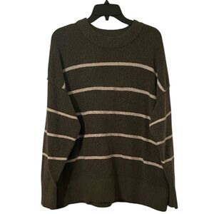 Aerie Women’s Olive Green White Striped Crewneck Unreal Pullover Sweater Size M